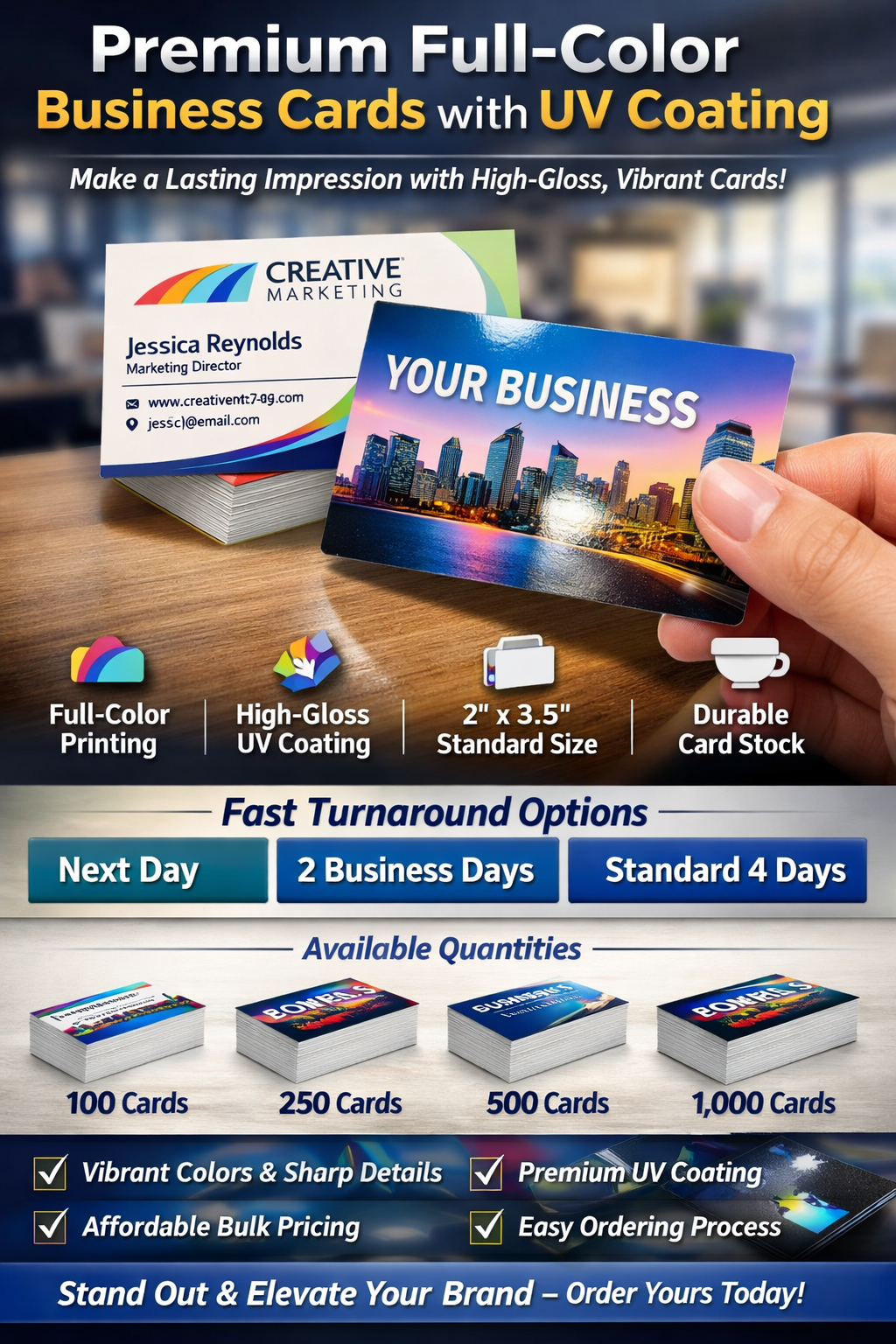 Premium Full-Color Business Cards | Double-Sided UV Coated | Fast Turnaround