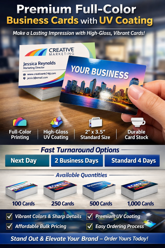 Premium Full-Color Business Cards | Double-Sided UV Coated | Fast Turnaround
