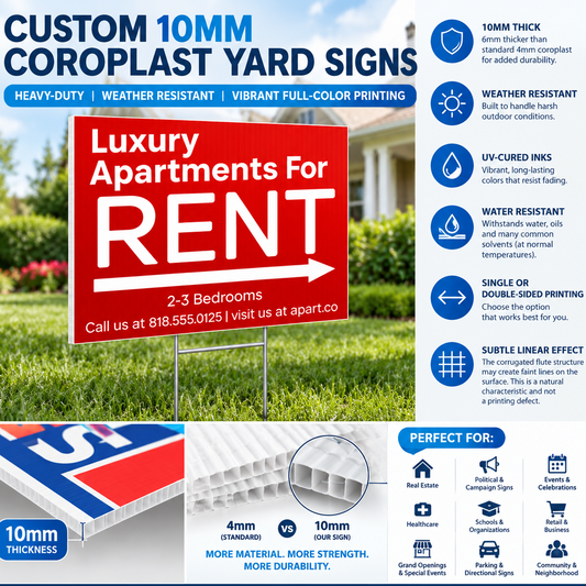 Custom 10mm coroplast yard signs shown in a promotional infographic with a large red 'For Rent' sign in a yard, feature callouts on the right, and a cross-section diagram of the sign at the bottom.