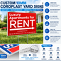 Custom 10mm coroplast yard signs shown in a promotional infographic with a large red 'For Rent' sign in a yard, feature callouts on the right, and a cross-section diagram of the sign at the bottom.